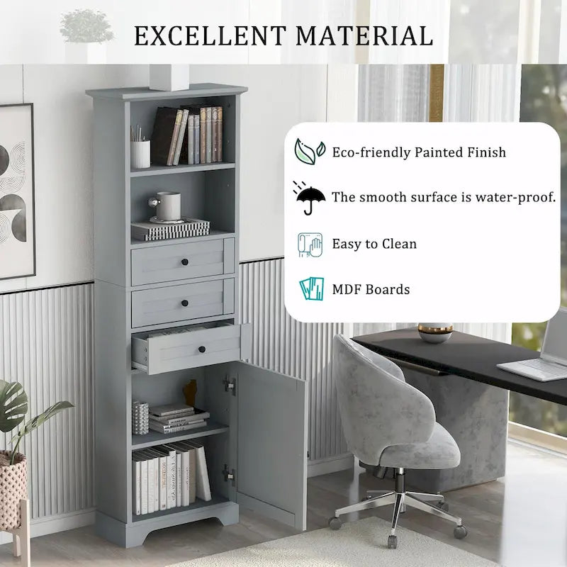 Tall Storage Cabinet with Three Drawers and Adjustable Shelf