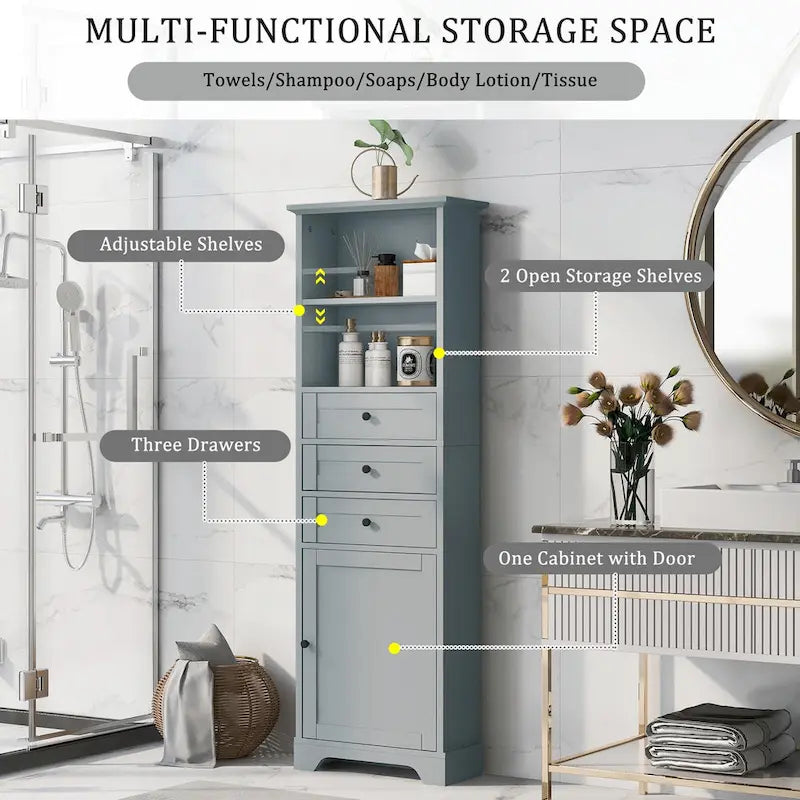 Tall Storage Cabinet with Three Drawers and Adjustable Shelf