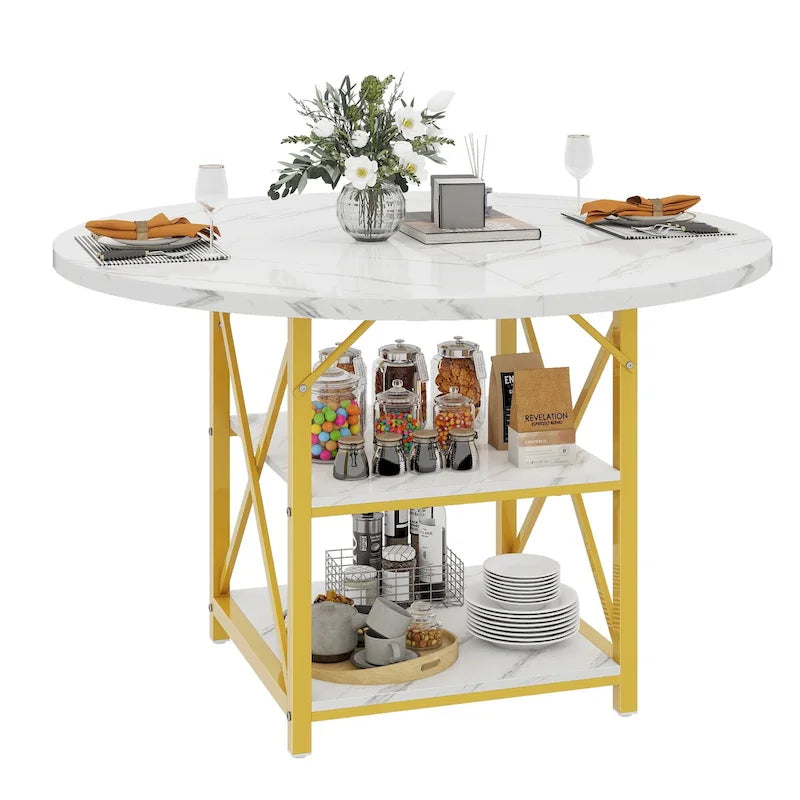 Mesa de comedor redonda de 47 pulgadas con estantes de almacenamiento y patas metálicas
