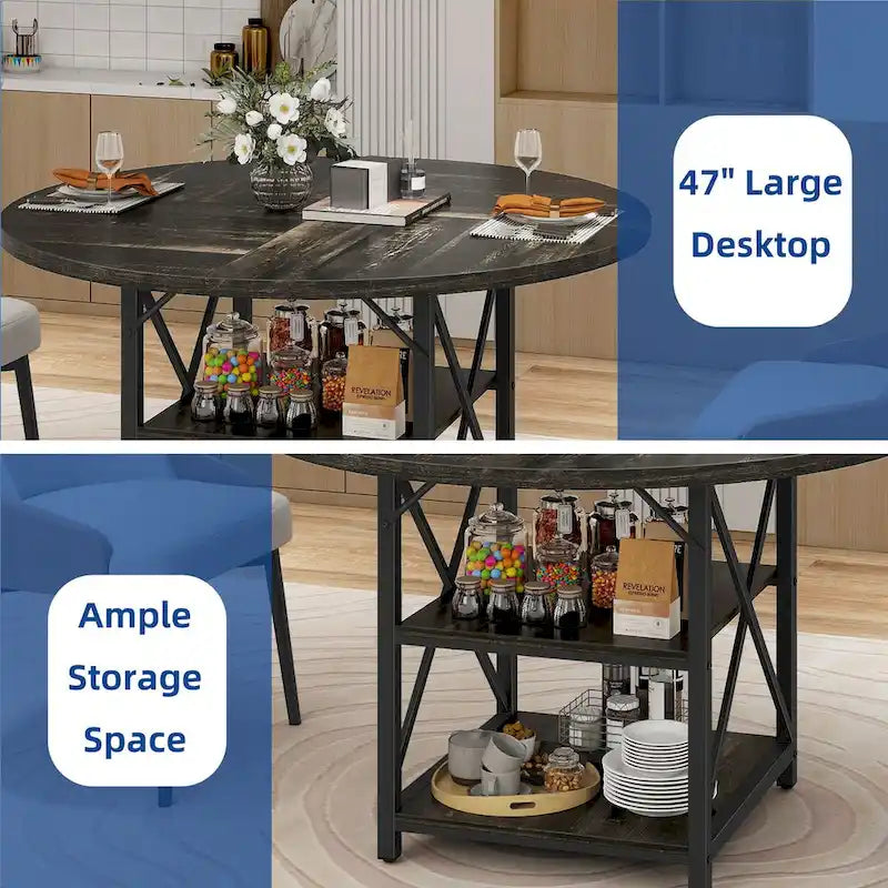 Mesa de comedor redonda de 47 pulgadas con estantes de almacenamiento y patas metálicas