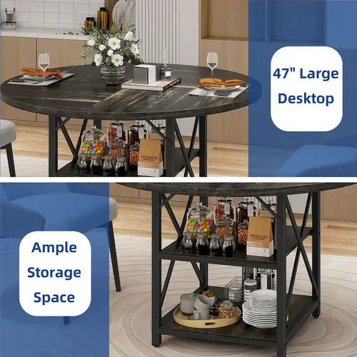 Mesa de comedor redonda de 47 pulgadas con estantes de almacenamiento y patas metálicas