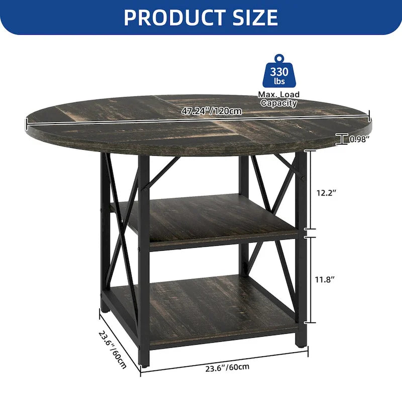 Mesa de comedor redonda de 47 pulgadas con estantes de almacenamiento y patas metálicas