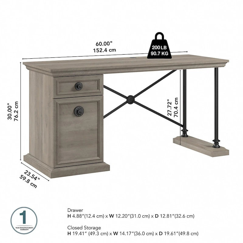 60-Inch Desk with Storage Cabinet and Drawer